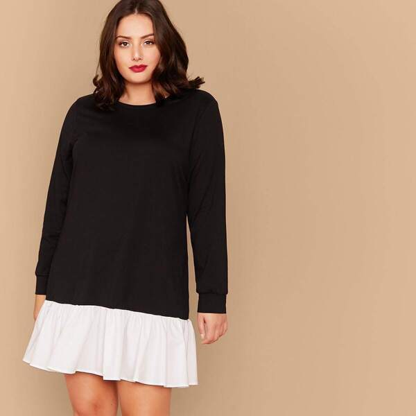 

Plus Contrast Flippy Hem Sweatshirt Dress, Black