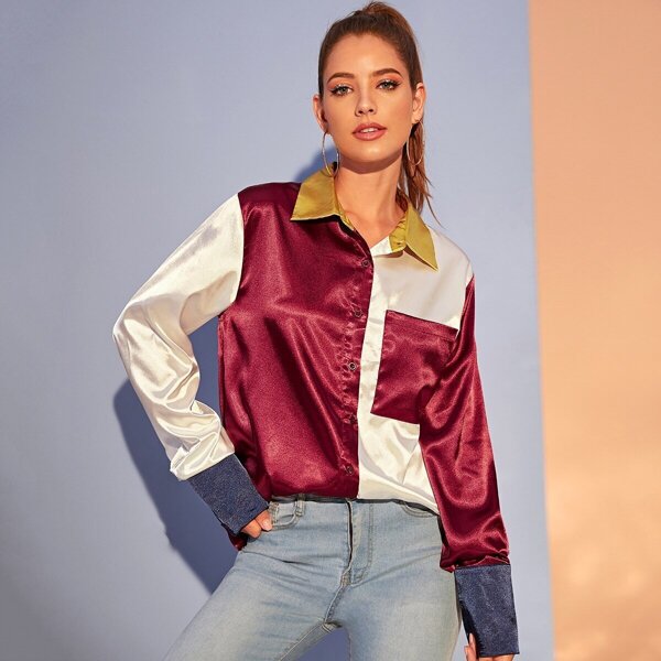 

Color-block Pocket Front Satin Shirt, Multicolor