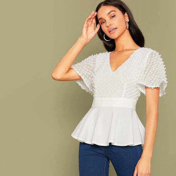 

Solid Flutter Sleeve Appliques Peplum Top