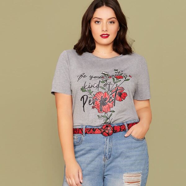 

Plus Floral & Slogan Print Tee