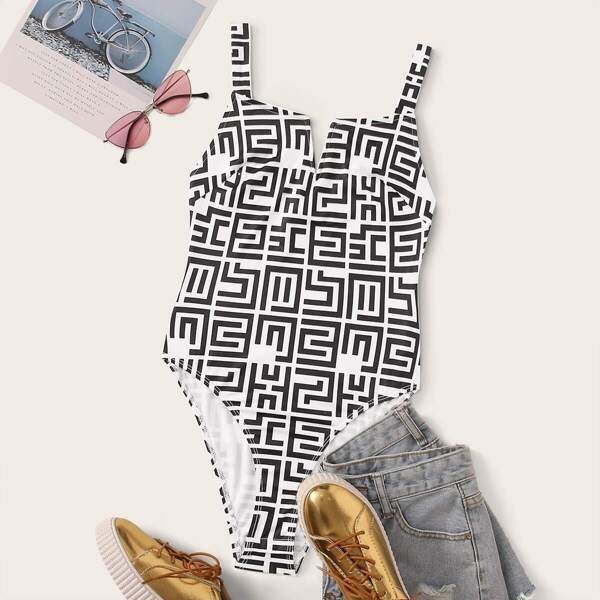 

V-cut Greek Fret Print Bodysuit, Black and white
