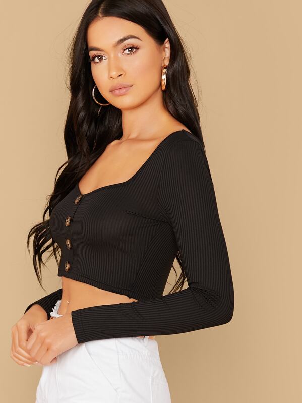 

Sweetheart Neck Button Front Rib-knit Crop Tee, Black, Rona Mahal