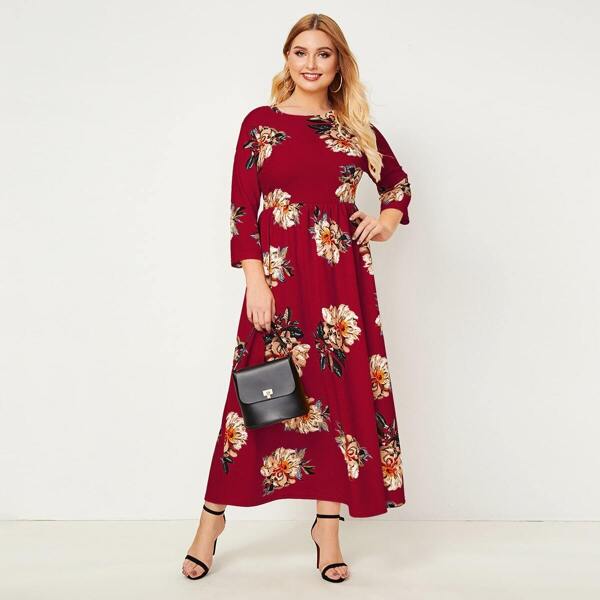 

Plus Floral Print Fit & Flare Dress, Burgundy