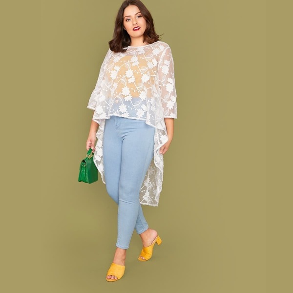 

Plus Dip Hem Embroidery Mesh Top Without Cami