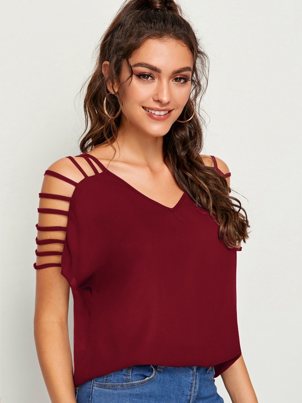 

V-neck Laddering Cutout Shoulder Top, Burgundy, Carol A