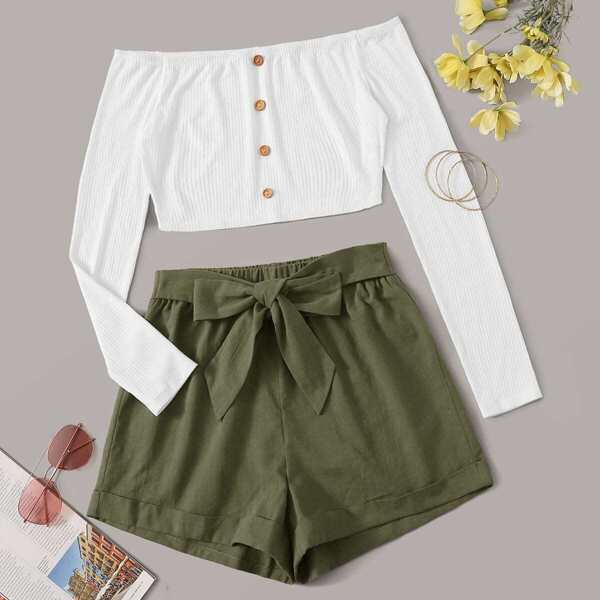 

Buttoned Bardot Top & Tie Front Shorts Set, Multicolor