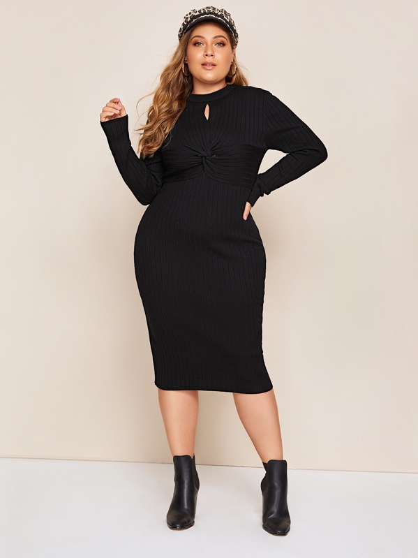 

Plus Cutout Twist Front Pencil Sweater Dress, Black, Carol