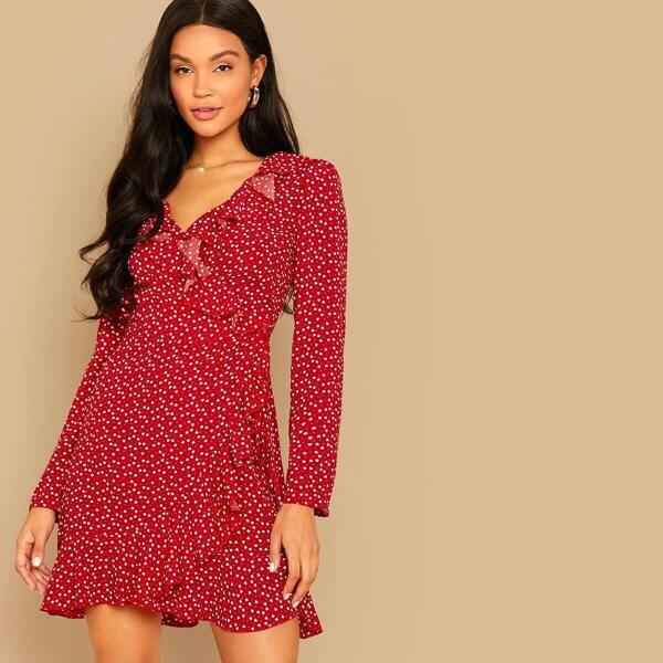 

Surplice Neck Ruffle Trim Wrap Knot Dress, Red bright
