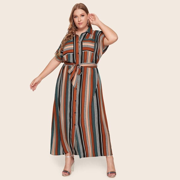 

Plus Pocket Patched Belted Striped Shirt Dress