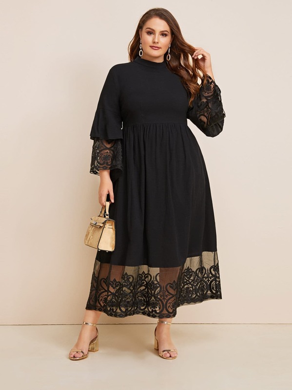 

Plus Embroidered Mesh Trim Bell Sleeve Dress, Black, Gabriela B