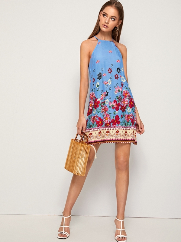 

Floral Print Halter Dress, Blue, April