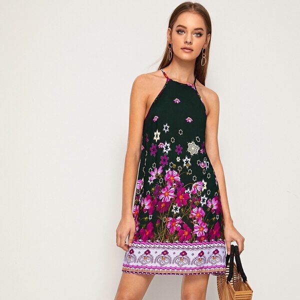 

Botanical and Tribal Print Halter Dress