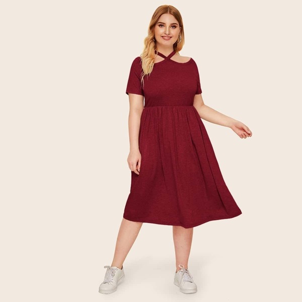 

Plus Crisscross Neck Cut Out Shoulder Dress, Burgundy