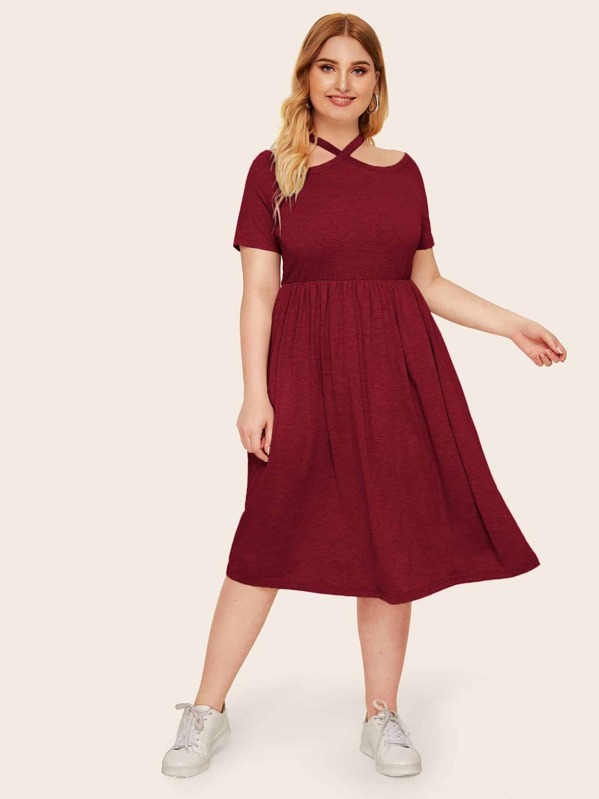 

Plus Crisscross Neck Cut Out Shoulder Dress, Burgundy, Nora