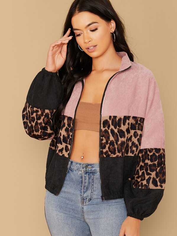 

Zip Up Colorblock Leopard Panel Cord Jacket, Multicolor, Rona Mahal