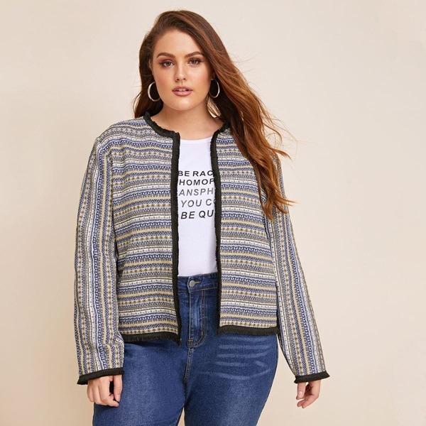 

Plus Open Front Contrast Side Aztec Print Jacket
