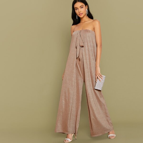 

Tie Front Wide Leg Glitter Tube Jumpsuit, Nude