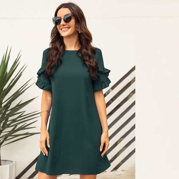 

Solid Ruffle Trim Tunic Dress, Dark green
