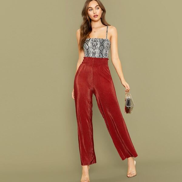 

Frill Trim Shirred Waistband Pleated Pants, Red