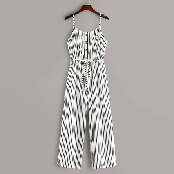 

Button Front Tie Waist Striped Cami Jumpsuit