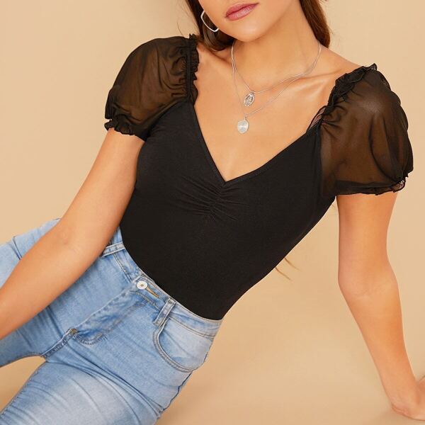 

Frill Trim Sheer Raglan Sleeve Ruched Front Tee, Black