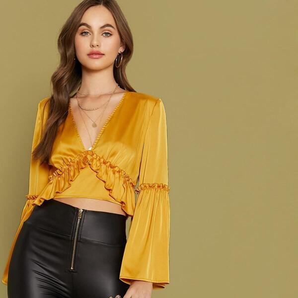 

V-neck Ruffle Trim Satin Bustier Top, Yellow bright