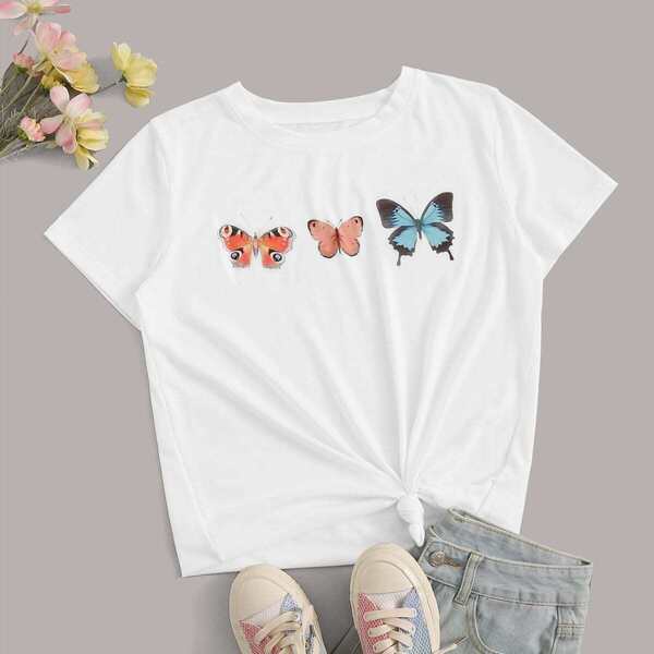 

Butterfly Print Round Neck Tee, White