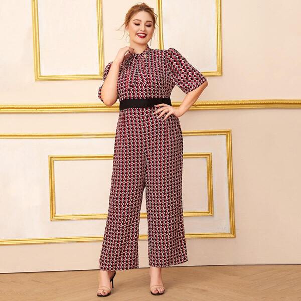 

Plus Tie Neck Contrast Panel Wide Leg Geo Jumpsuit, Multicolor