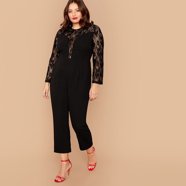 

Plus Sheer Lace Yoke Jumpsuit