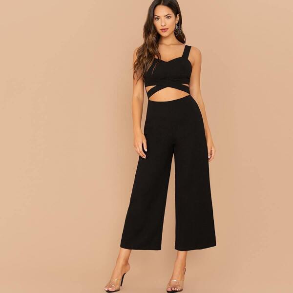 

Thick Strap Crisscross Cutout Front Jumpsuit, Black