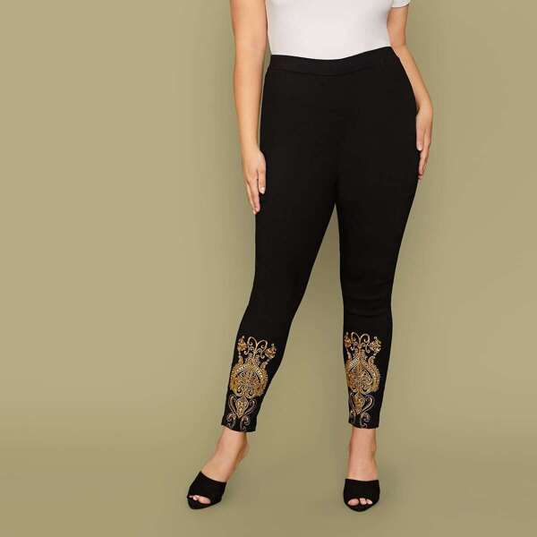 

Plus Elastic Waist Embroidery Detail Leggings, Black