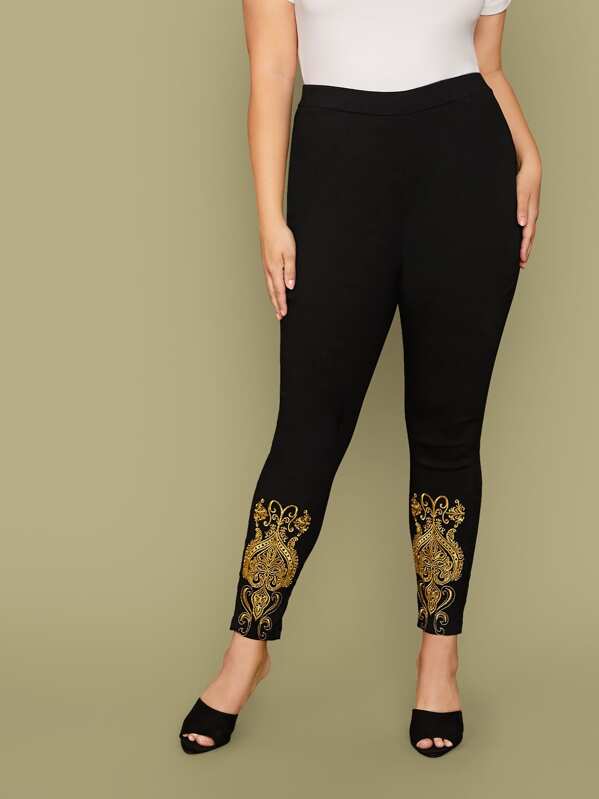

Plus Elastic Waist Embroidery Detail Leggings, Black, Marcelle Pallais