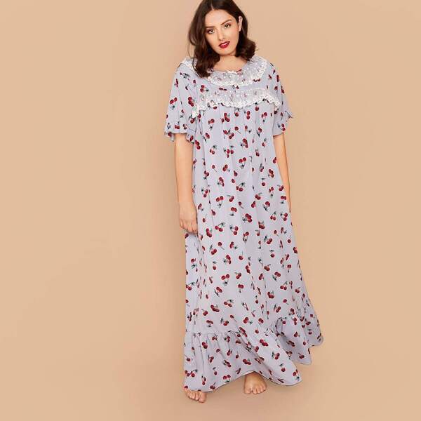

Plus Lace Yoke Ruffle Trim Cherry Print Nightdress