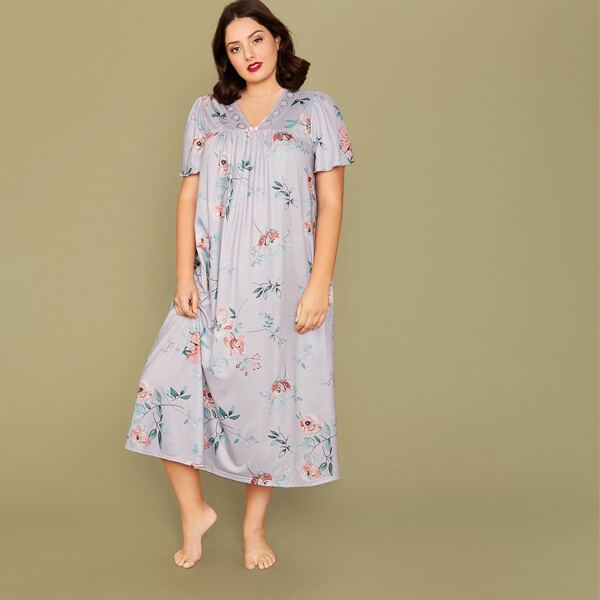 

Plus Embroidered Mesh Tape Floral Print Smock Nightdress, Purple pastel