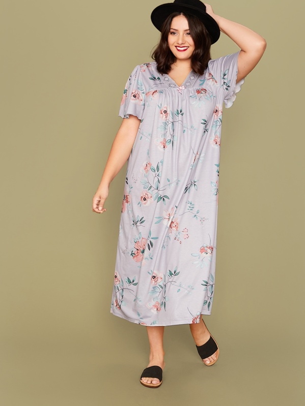 

Plus Embroidered Mesh Tape Floral Print Smock Nightdress, Purple, Marcelle Pallais