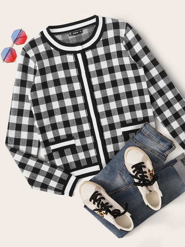 

Striped Trim Buffalo Plaid Cardigan, Black and white