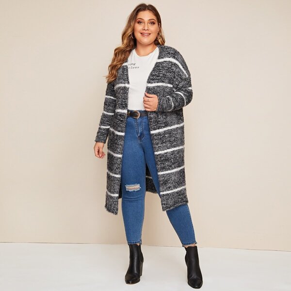 

Plus Drop Shoulder Striped Fuzzy Cardigan, Black and white