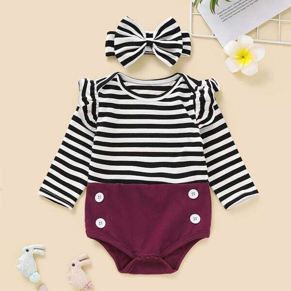

Baby Girl Striped Ruffle Combo Romper With Headband