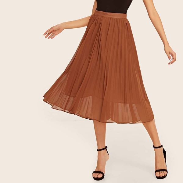 

High Waist Pleated Skirt, Brown