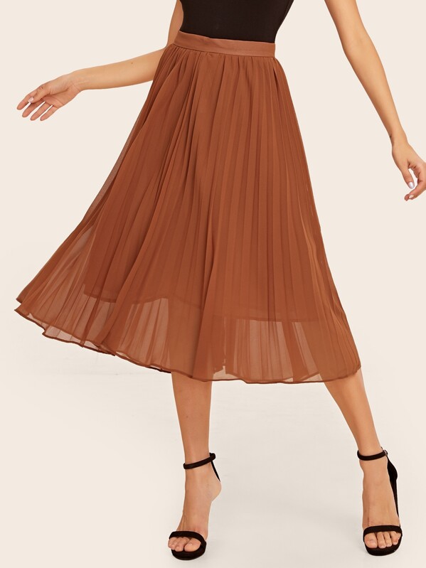 

High Waist Pleated Skirt, Brown, Carol A