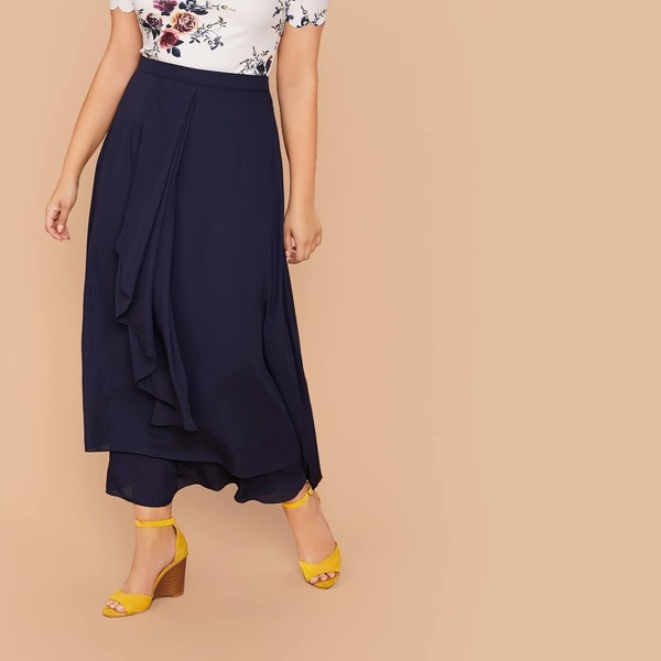 

Plus Exaggerated Ruffle Trim Layered Hem Skirt, Navy