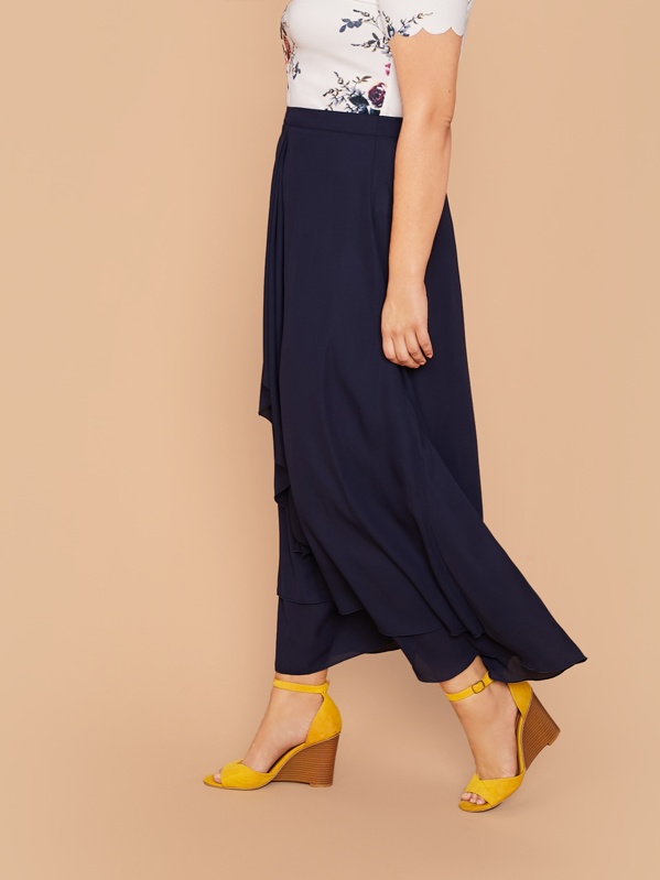 

Plus Exaggerated Ruffle Trim Layered Hem Skirt, Navy, Marcelle Pallais