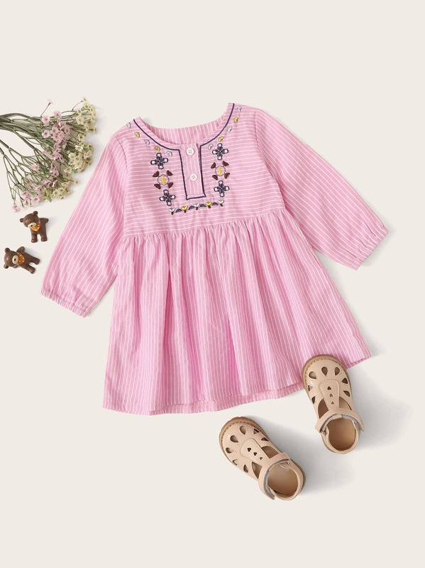 

Baby Girl Tribal Embroidery Striped Smock Dress, Pink