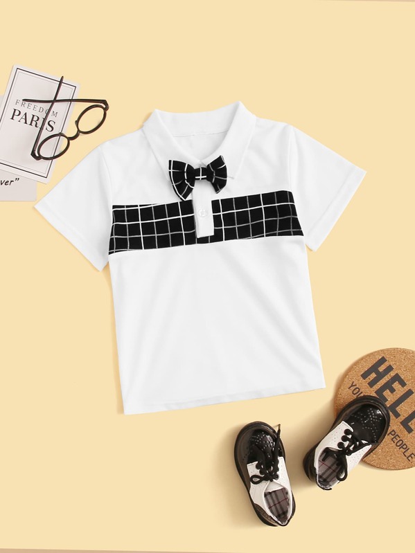 

Toddler Boys Contrast Plaid Panel Bow Polo Shirt, White