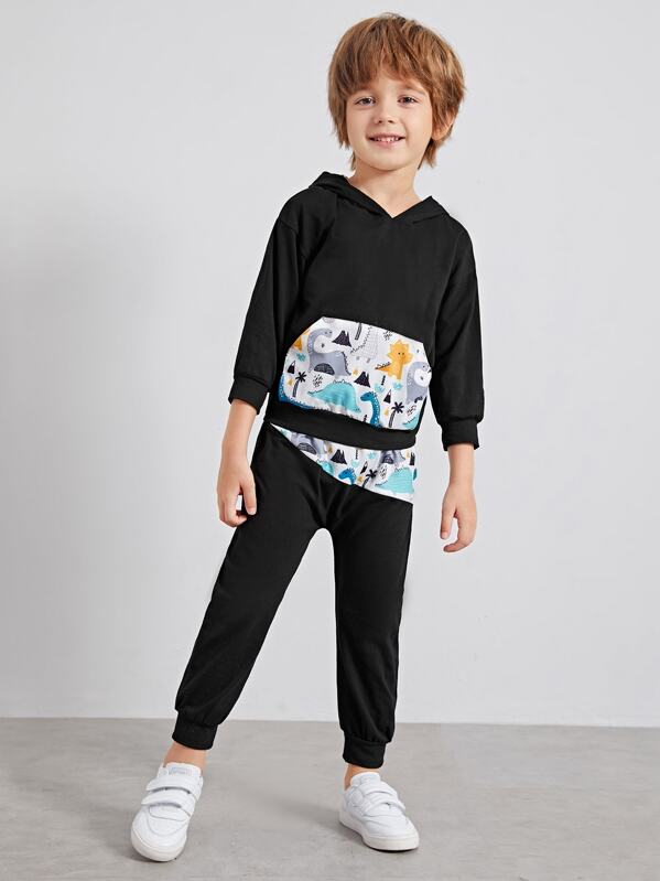 

Toddler Boys Contrast Cartoon Pocket Hoodie With Sweatpants, Black, Damir