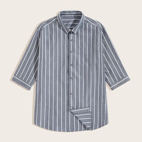 

Men Button Front Striped Curved Hem Shirt