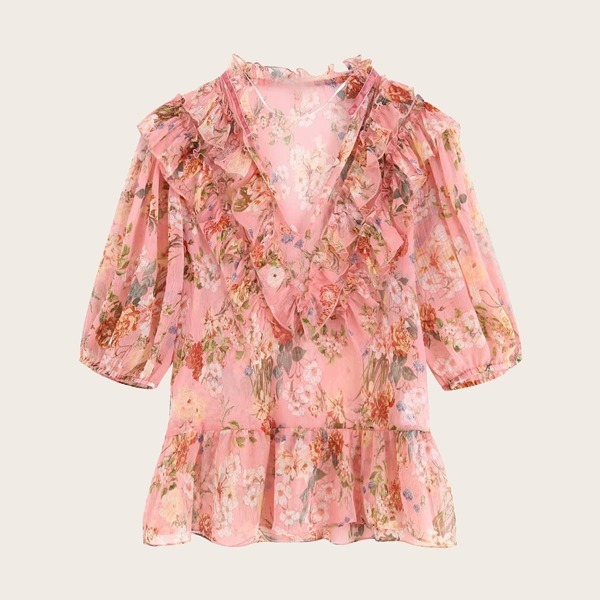

Chiffon V-neck Floral Print Peplum Blouse