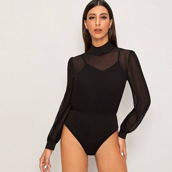 

Mesh Panel Pearls Keyhole Back Bodysuit