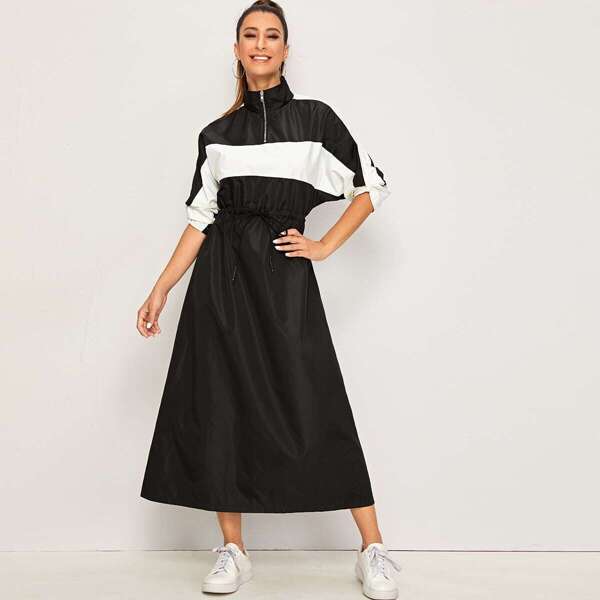 

Contrast Panel Drawstring Waist Windbreaker Dress, Black