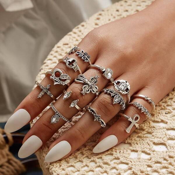 

Rhinestone Engraved Leaf Decor Ring 14pcs, Silver